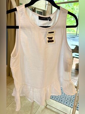 Rafaella White Ruffled Hem Sleeveless Tank gauzy white linen.
